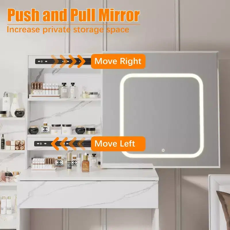 Coiffeuse avec miroir, coiffeuse de maquillage avec miroir coulissant éclairé, prise de courant, table de toilette avec 4 tiroirs, étagères de rangement et tabouret