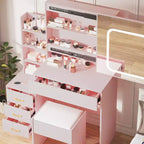 Coiffeuse avec miroir, coiffeuse de maquillage avec miroir coulissant éclairé, prise de courant, table de toilette avec 4 tiroirs, étagères de rangement et tabouret