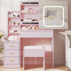 Coiffeuse avec miroir, coiffeuse de maquillage avec miroir coulissant éclairé, prise de courant, table de toilette avec 4 tiroirs, étagères de rangement et tabouret