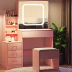 Coiffeuse avec miroir, coiffeuse de maquillage avec miroir coulissant éclairé, prise de courant, table de toilette avec 4 tiroirs, étagères de rangement et tabouret