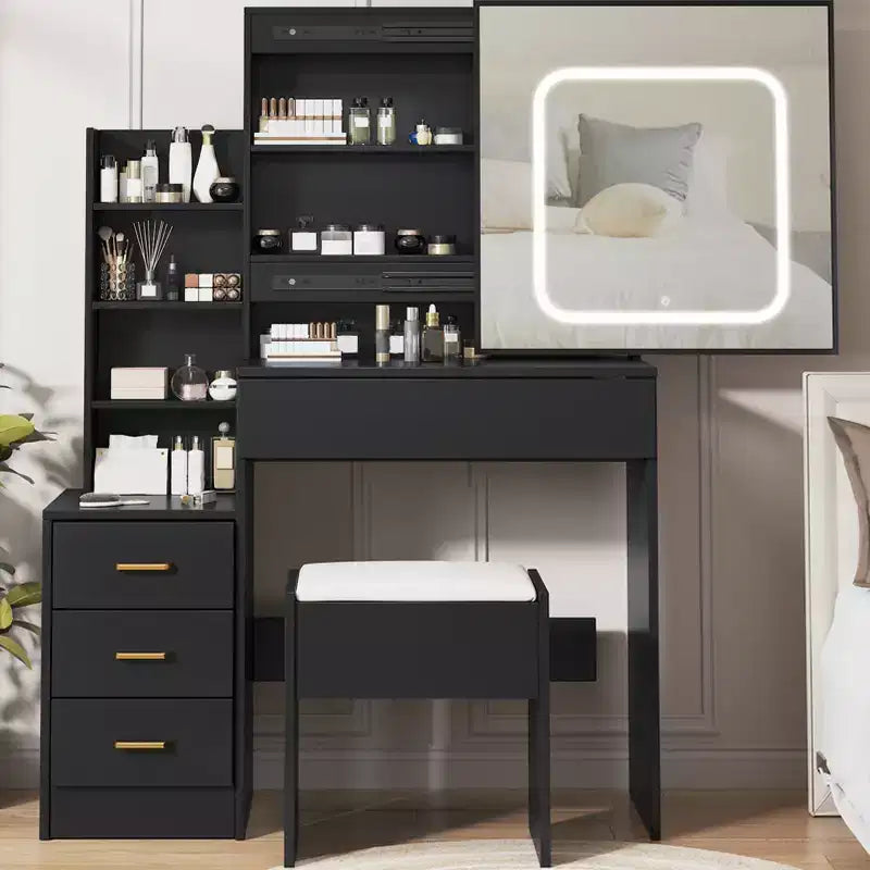 Coiffeuse avec miroir, coiffeuse de maquillage avec miroir coulissant éclairé, prise de courant, table de toilette avec 4 tiroirs, étagères de rangement et tabouret