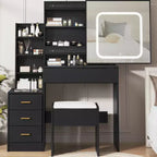 Coiffeuse avec miroir, coiffeuse de maquillage avec miroir coulissant éclairé, prise de courant, table de toilette avec 4 tiroirs, étagères de rangement et tabouret