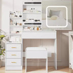 Coiffeuse avec miroir, coiffeuse de maquillage avec miroir coulissant éclairé, prise de courant, table de toilette avec 4 tiroirs, étagères de rangement et tabouret