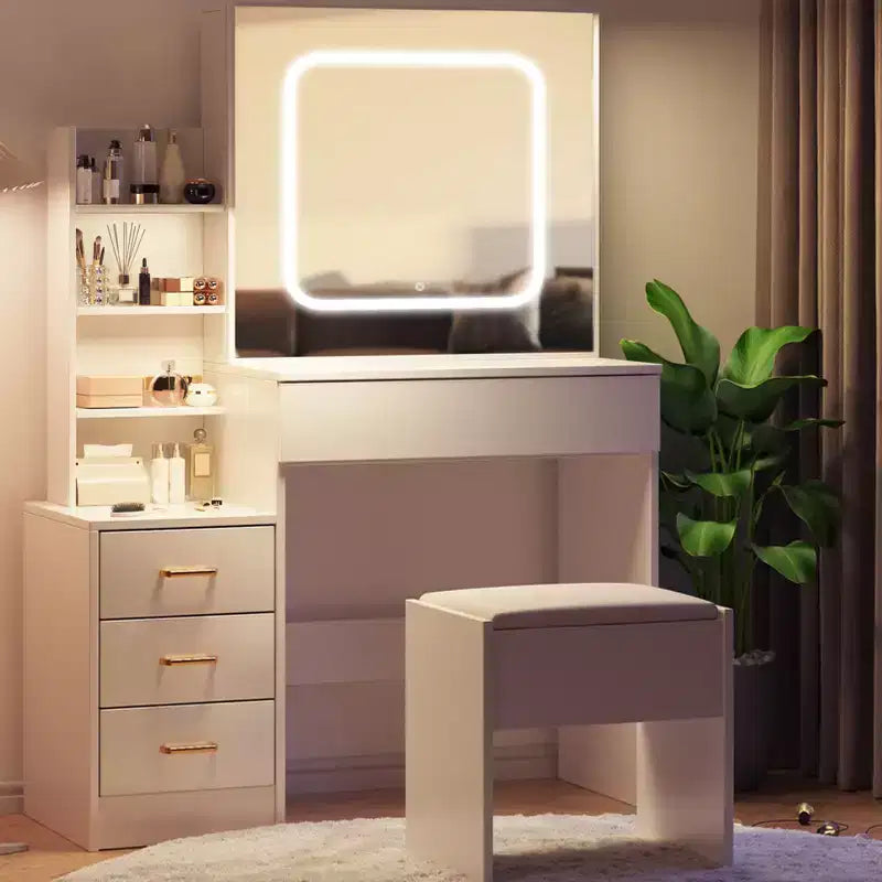 Coiffeuse avec miroir, coiffeuse de maquillage avec miroir coulissant éclairé, prise de courant, table de toilette avec 4 tiroirs, étagères de rangement et tabouret
