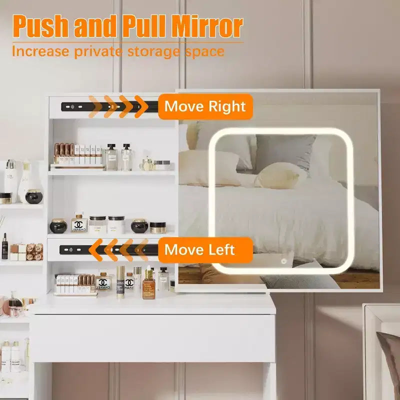 Coiffeuse avec miroir, coiffeuse de maquillage avec miroir coulissant éclairé, prise de courant, table de toilette avec 4 tiroirs, étagères de rangement et tabouret