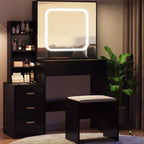 Coiffeuse avec miroir, coiffeuse de maquillage avec miroir coulissant éclairé, prise de courant, table de toilette avec 4 tiroirs, étagères de rangement et tabouret