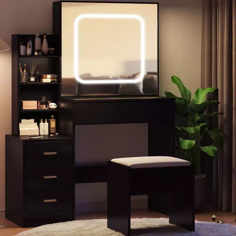 Coiffeuse avec miroir, coiffeuse de maquillage avec miroir coulissant éclairé, prise de courant, table de toilette avec 4 tiroirs, étagères de rangement et tabouret