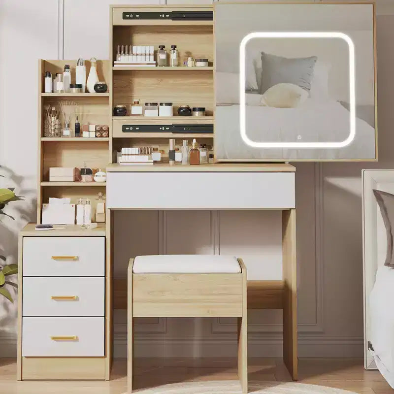 Coiffeuse avec miroir, coiffeuse de maquillage avec miroir coulissant éclairé, prise de courant, table de toilette avec 4 tiroirs, étagères de rangement et tabouret