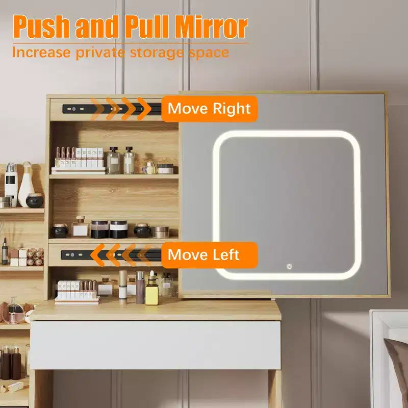 Coiffeuse avec miroir, coiffeuse de maquillage avec miroir coulissant éclairé, prise de courant, table de toilette avec 4 tiroirs, étagères de rangement et tabouret