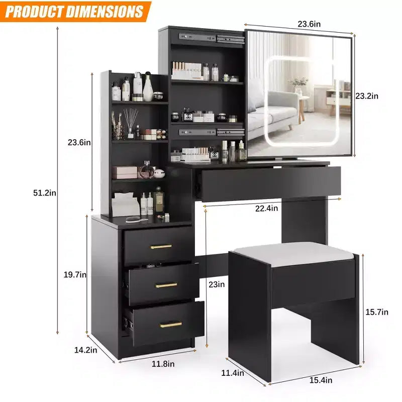 Coiffeuse avec miroir, coiffeuse de maquillage avec miroir coulissant éclairé, prise de courant, table de toilette avec 4 tiroirs, étagères de rangement et tabouret