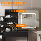 Coiffeuse avec miroir, coiffeuse de maquillage avec miroir coulissant éclairé, prise de courant, table de toilette avec 4 tiroirs, étagères de rangement et tabouret