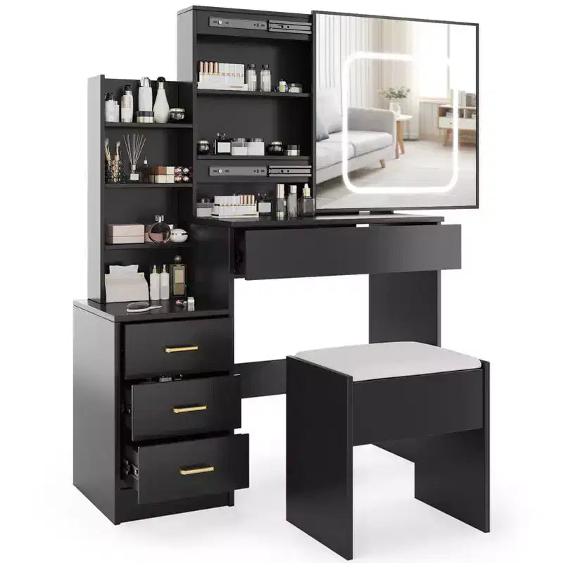 Vanity Desk with Mirror, Makeup Vanity Desk with Sliding Lighted Mirror, Power Outlet, Dressing Table with 4 Drawers, Storage Shelves & Stool