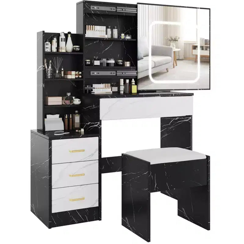Coiffeuse avec miroir, coiffeuse de maquillage avec miroir coulissant éclairé, prise de courant, table de toilette avec 4 tiroirs, étagères de rangement et tabouret