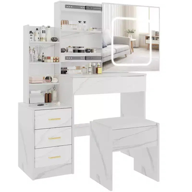 Coiffeuse avec miroir, coiffeuse de maquillage avec miroir coulissant éclairé, prise de courant, table de toilette avec 4 tiroirs, étagères de rangement et tabouret