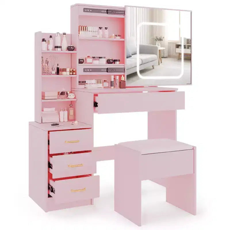 Coiffeuse avec miroir, coiffeuse de maquillage avec miroir coulissant éclairé, prise de courant, table de toilette avec 4 tiroirs, étagères de rangement et tabouret