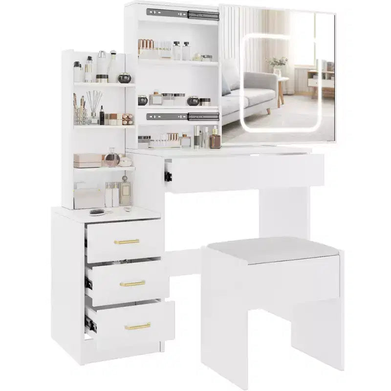Coiffeuse avec miroir, coiffeuse de maquillage avec miroir coulissant éclairé, prise de courant, table de toilette avec 4 tiroirs, étagères de rangement et tabouret
