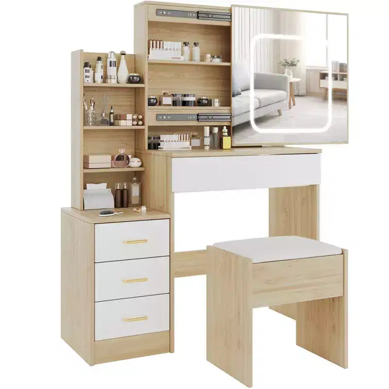 Coiffeuse avec miroir, coiffeuse de maquillage avec miroir coulissant éclairé, prise de courant, table de toilette avec 4 tiroirs, étagères de rangement et tabouret