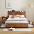 DobleePy Queen Brown Storage Bed Frame with Headboard, 4 Drawers, LED Strip & Charging Ports, Metal Platform, No Box Spring Needed