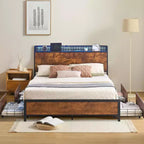 DobleePy Queen Brown Storage Bed Frame with Headboard, 4 Drawers, LED Strip & Charging Ports, Metal Platform, No Box Spring Needed