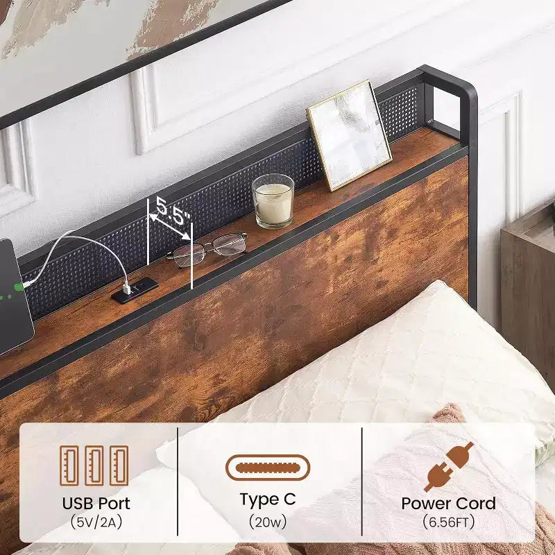Cadre de lit double avec tête de lit, 4 tiroirs, bande LED et ports de charge, plateforme métallique