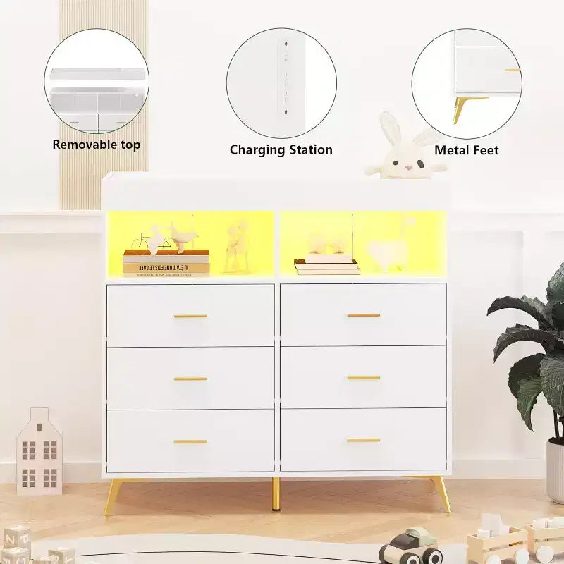 Commode à langer avec matelas à langer, lumières LED et station de charge, Station à langer avec plan à langer