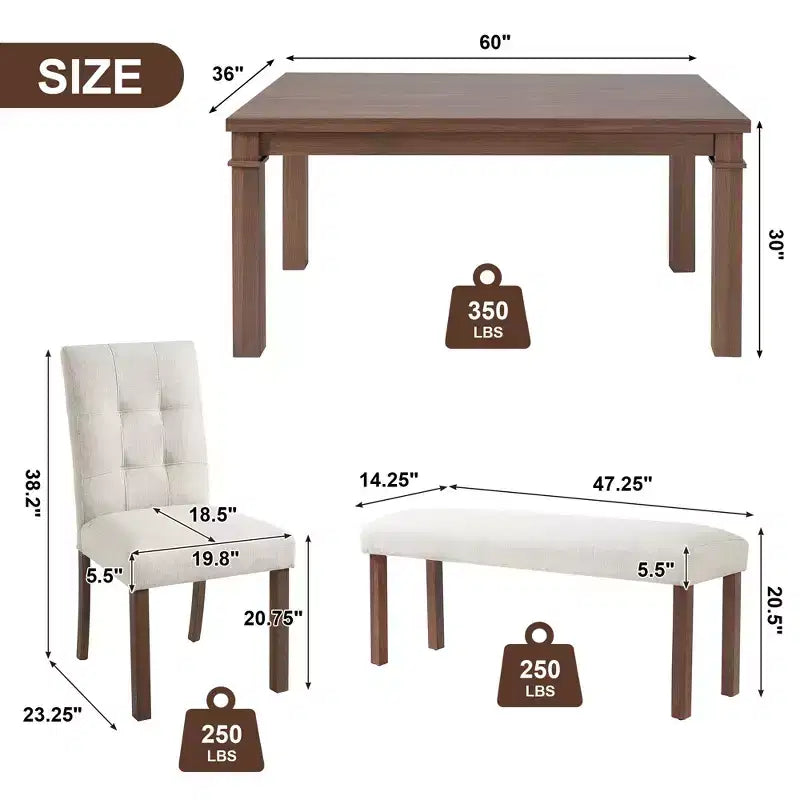 Ensemble de salle à manger en bois avec banc pour 6 personnes, ensemble de cuisine rectangulaire de 6 pièces avec 4 chaises rembourrées pour salle à manger