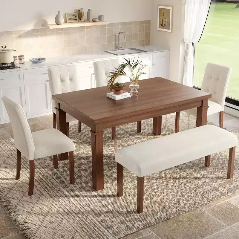 Ensemble de salle à manger en bois avec banc pour 6 personnes, ensemble de cuisine rectangulaire de 6 pièces avec 4 chaises rembourrées pour salle à manger