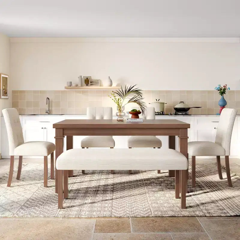 Ensemble de salle à manger en bois avec banc pour 6 personnes, ensemble de cuisine rectangulaire de 6 pièces avec 4 chaises rembourrées pour salle à manger