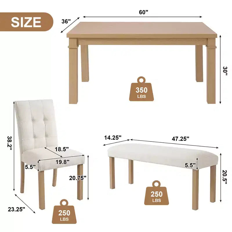 Ensemble de salle à manger en bois avec banc pour 6 personnes, ensemble de cuisine rectangulaire de 6 pièces avec 4 chaises rembourrées pour salle à manger