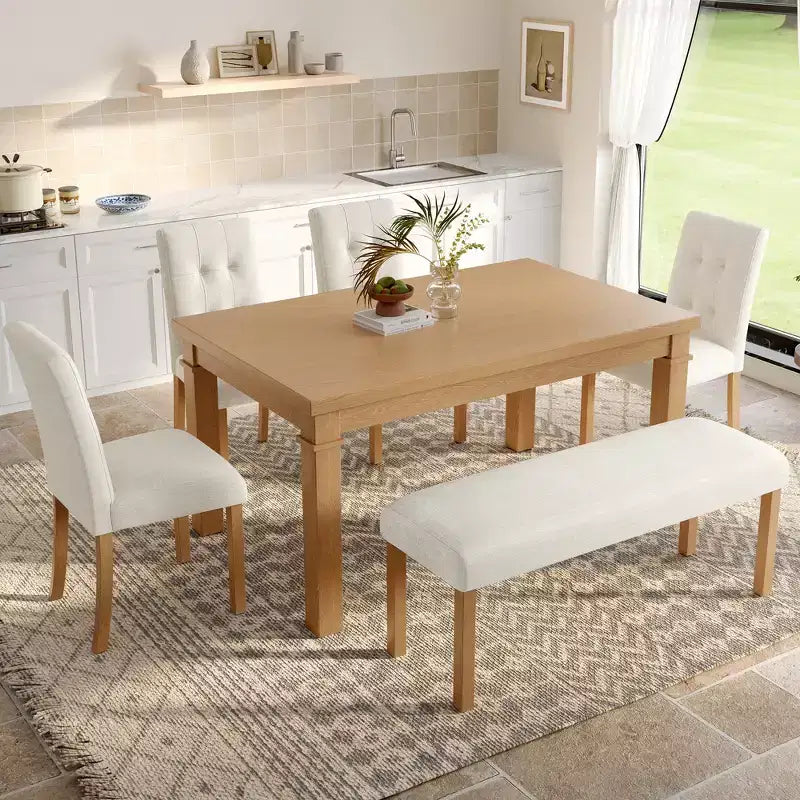 Ensemble de salle à manger en bois avec banc pour 6 personnes, ensemble de cuisine rectangulaire de 6 pièces avec 4 chaises rembourrées pour salle à manger