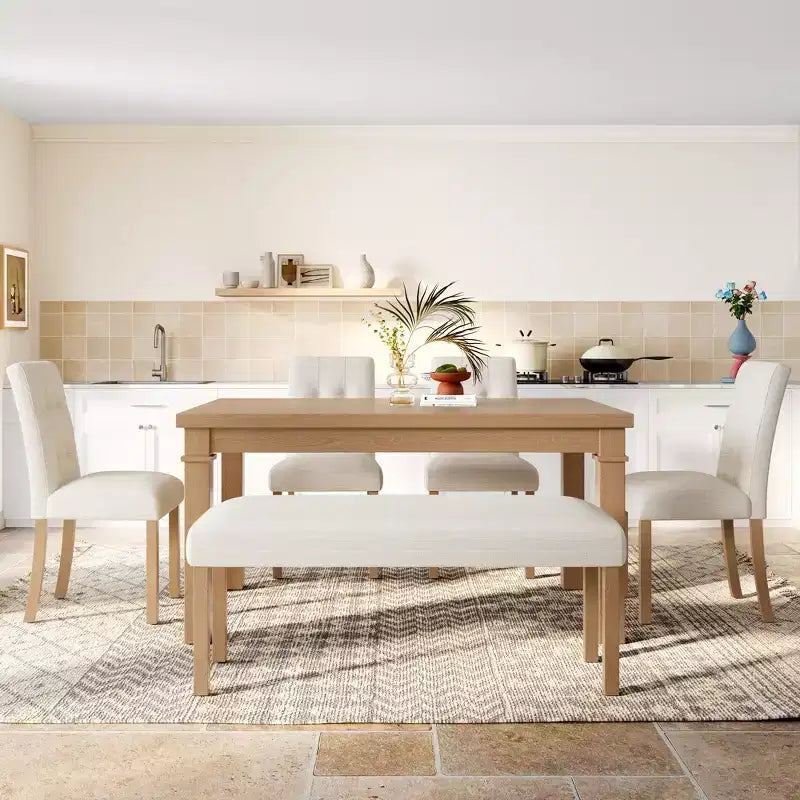 Ensemble de salle à manger en bois avec banc pour 6 personnes, ensemble de cuisine rectangulaire de 6 pièces avec 4 chaises rembourrées pour salle à manger