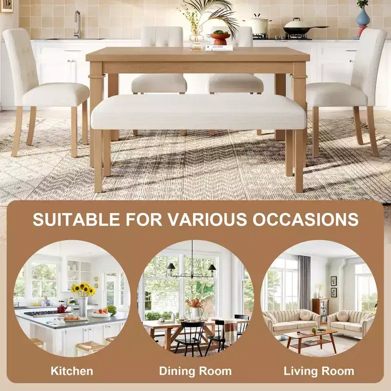 Ensemble de salle à manger en bois avec banc pour 6 personnes, ensemble de cuisine rectangulaire de 6 pièces avec 4 chaises rembourrées pour salle à manger