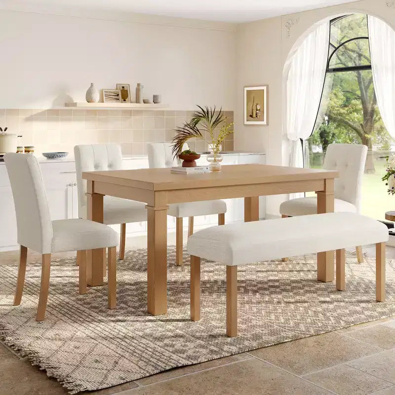 Wood Dining Table Set with Bench for 6, 6 Pieces Rectangle Kitchen Set with 4 Upholstered Chairs for Dining Room