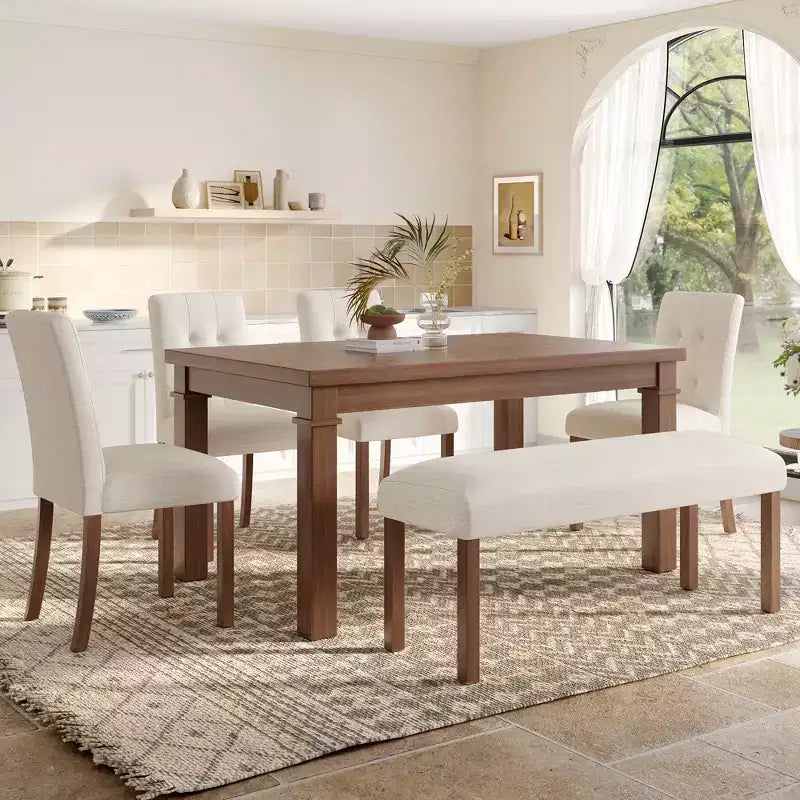 Ensemble de salle à manger en bois avec banc pour 6 personnes, ensemble de cuisine rectangulaire de 6 pièces avec 4 chaises rembourrées pour salle à manger