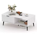 Farmhouse Coffee Table, Storage Center Table with Fluted Sliding Door & Wooden Tabletop, Rectangle Dining Table for Living Room Apartment
