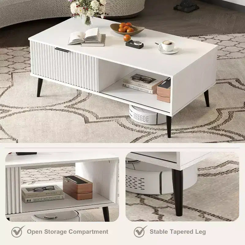 Table basse de ferme, table de rangement avec porte coulissante cannelée et plateau en bois, table à manger rectangulaire pour salon appartement