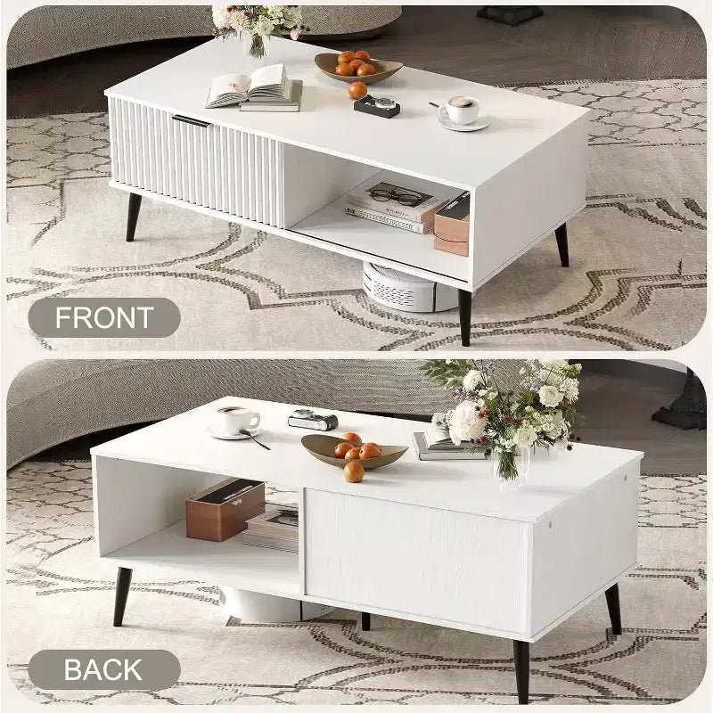 Table basse de ferme, table de rangement avec porte coulissante cannelée et plateau en bois, table à manger rectangulaire pour salon appartement