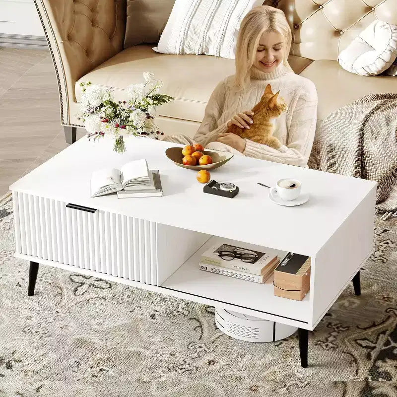 Table basse de ferme, table de rangement avec porte coulissante cannelée et plateau en bois, table à manger rectangulaire pour salon appartement