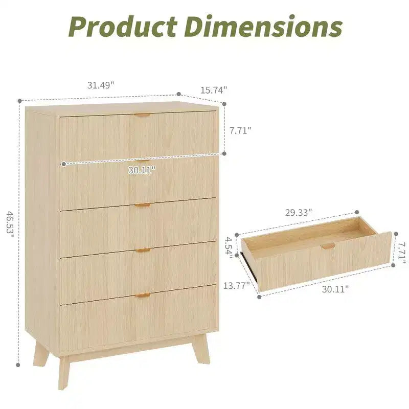 5 Drawer Dressers, Modern Fluted Closet Dressers Chest of Drawers, Wood Storage Dresser