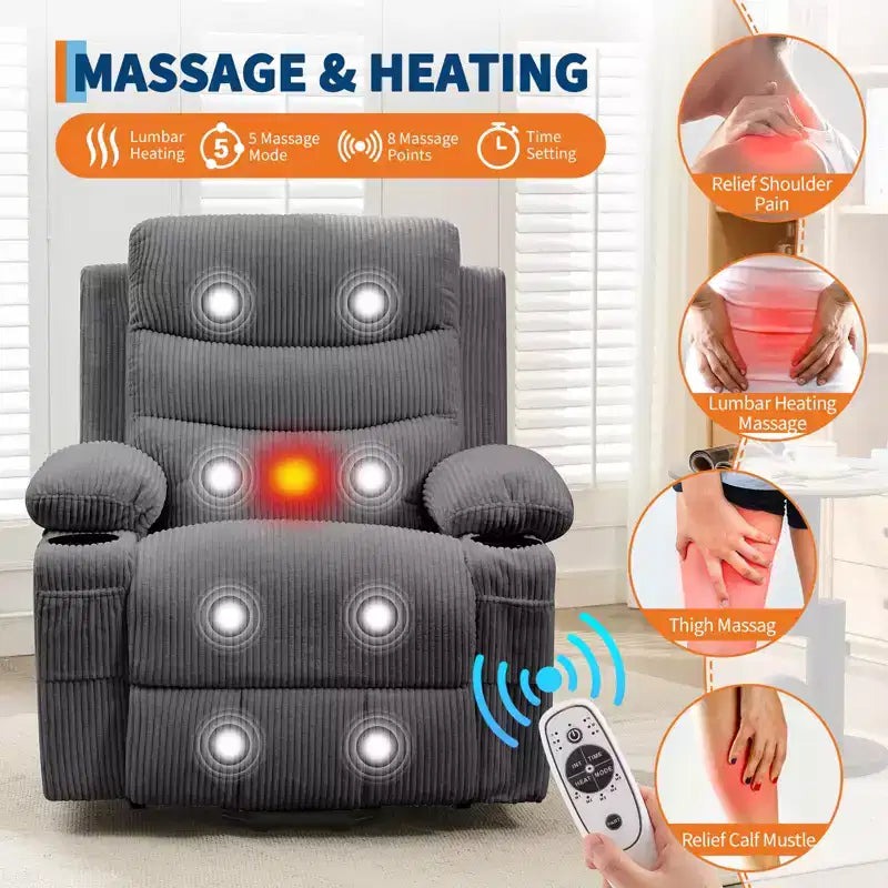 Fauteuil inclinable releveur pour personnes âgées, avec massage et chauffage, canapé simple pour salon, fauteuil d'appoint inclinable à 135°, 2 porte-gobelets et poches latérales