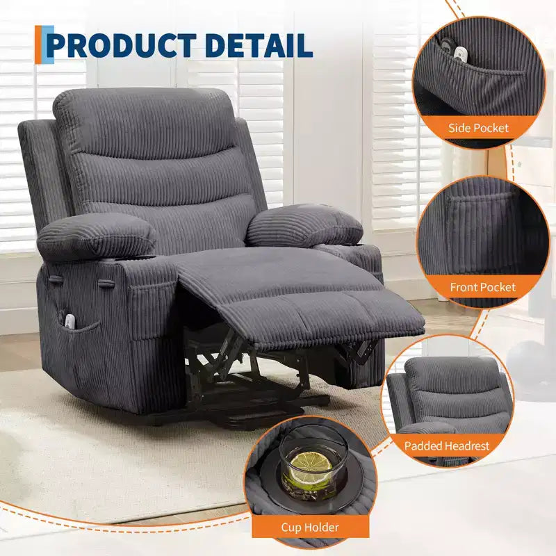 Fauteuil inclinable releveur pour personnes âgées, avec massage et chauffage, canapé simple pour salon, fauteuil d'appoint inclinable à 135°, 2 porte-gobelets et poches latérales