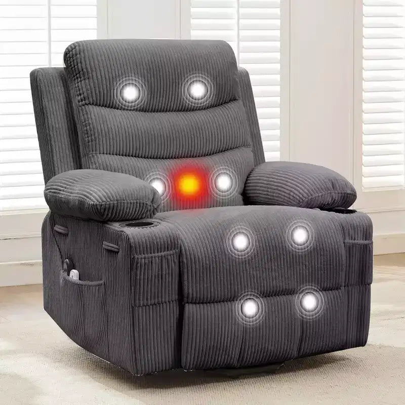 Fauteuil inclinable releveur pour personnes âgées, avec massage et chauffage, canapé simple pour salon, fauteuil d'appoint inclinable à 135°, 2 porte-gobelets et poches latérales