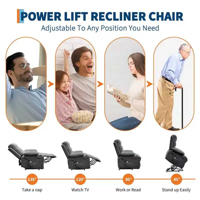 Fauteuil inclinable releveur pour personnes âgées, avec massage et chauffage, canapé simple pour salon, fauteuil d'appoint inclinable à 135°, 2 porte-gobelets et poches latérales