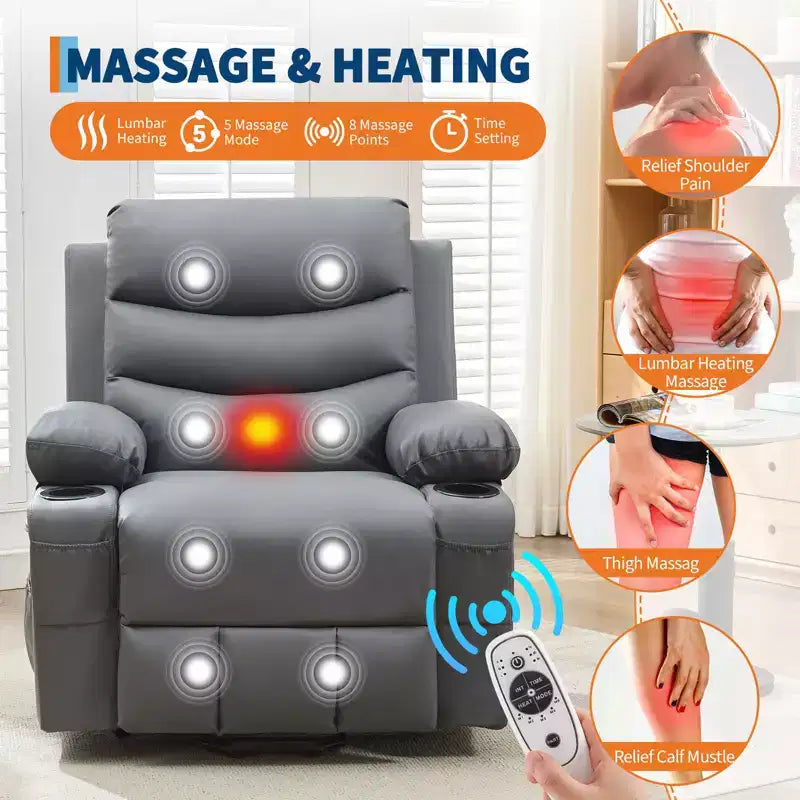 Fauteuil inclinable releveur pour personnes âgées, avec massage et chauffage, canapé simple pour salon, fauteuil d'appoint inclinable à 135°, 2 porte-gobelets et poches latérales