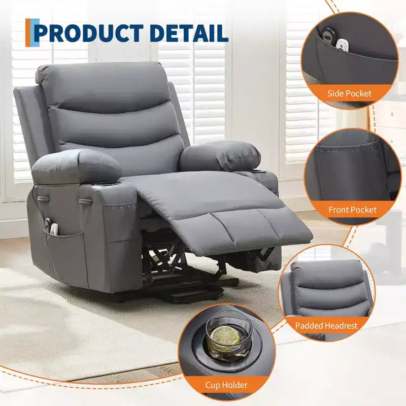 Fauteuil inclinable releveur pour personnes âgées, avec massage et chauffage, canapé simple pour salon, fauteuil d'appoint inclinable à 135°, 2 porte-gobelets et poches latérales