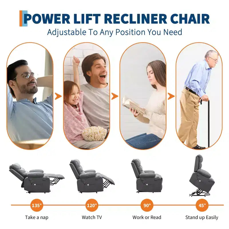 Fauteuil inclinable releveur pour personnes âgées, avec massage et chauffage, canapé simple pour salon, fauteuil d'appoint inclinable à 135°, 2 porte-gobelets et poches latérales