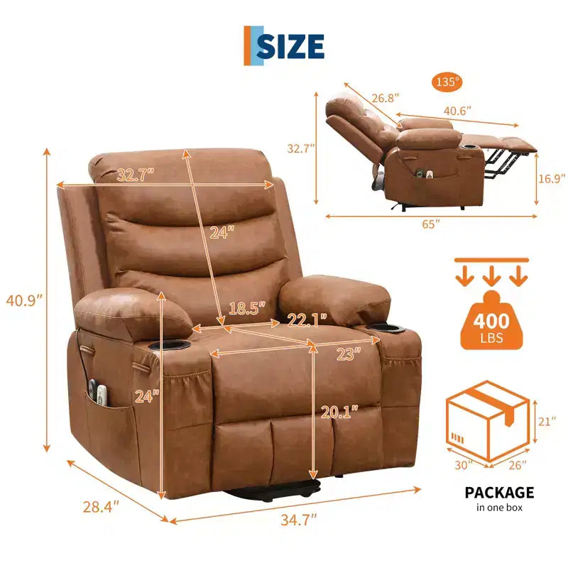 Fauteuil inclinable releveur pour personnes âgées, avec massage et chauffage, canapé simple pour salon, fauteuil d'appoint inclinable à 135°, 2 porte-gobelets et poches latérales