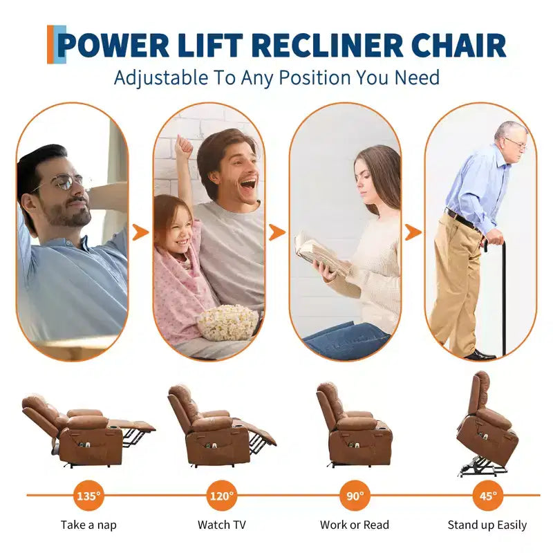 Fauteuil inclinable releveur pour personnes âgées, avec massage et chauffage, canapé simple pour salon, fauteuil d'appoint inclinable à 135°, 2 porte-gobelets et poches latérales