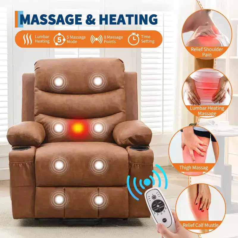 Fauteuil inclinable releveur pour personnes âgées, avec massage et chauffage, canapé simple pour salon, fauteuil d'appoint inclinable à 135°, 2 porte-gobelets et poches latérales