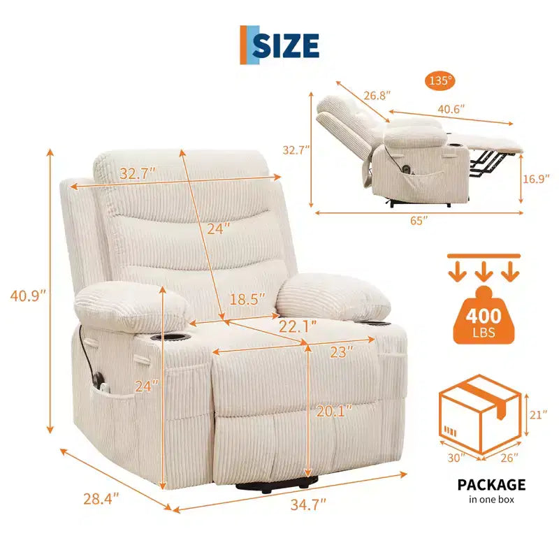 Fauteuil inclinable releveur pour personnes âgées, avec massage et chauffage, canapé simple pour salon, fauteuil d'appoint inclinable à 135°, 2 porte-gobelets et poches latérales